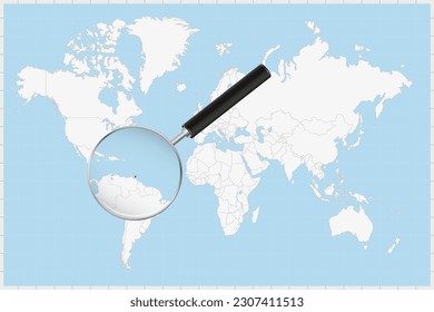 Magnifying glass showing a map of Trinidad and Tobago on a world map. Trinidad and Tobago flag and map enlarge in lens. Vector Illustration.