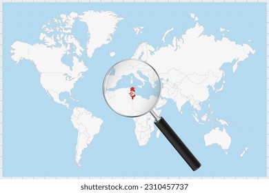 Magnifying glass showing a map of Tunisia on a world map. Tunisia flag and map enlarge in lens. Vector Illustration.