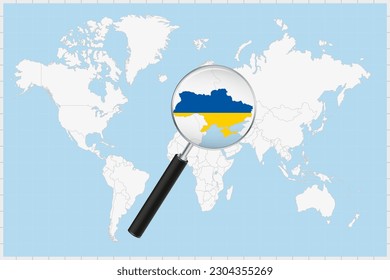 Magnifying glass showing a map of Ukraine on a world map. Ukraine flag and map enlarge in lens. Vector Illustration.