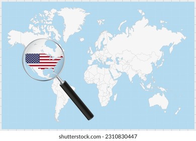 Magnifying glass showing a map of USA on a world map. USA flag and map enlarge in lens. Vector Illustration.