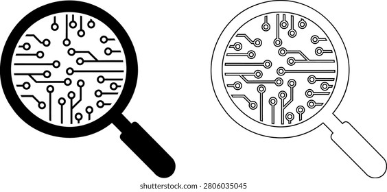 Magnifying glass showing printed circuit board close-up illustration Editable icons