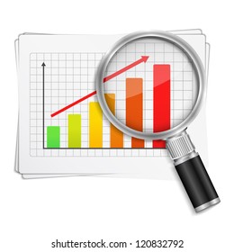 Magnifying glass showing rising bar graph, vector eps10 illustration