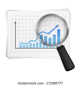 Magnifying glass showing rising bar graph, vector eps10 illustration