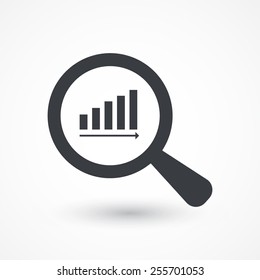 Magnifying Glass Showing Rising Chart Bar Graph, Vector Eps10 Illustration. Stock Graph Icon, Business Report Paper, Sales Data Search, Arrow Vector