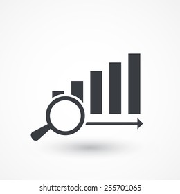Lupa mostrando gráfico de barras de gráfico subindo, ilustração eps10 vetorial. Ícone Relatório Econômico. Analisar. Gráfico ascendente