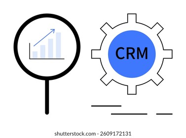 Magnifying glass showing upward graph next to blue gear with CRM text. Ideal for SEO, business strategy, marketing, customer relationship management, technology, data analysis. Banner for landing