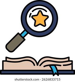 A magnifying glass is shown with a star in the middle of it. The star is surrounded by a blue circle. The image is of a book with a magnifying glass on it. The book is open