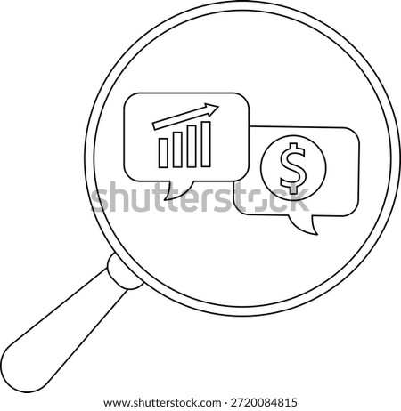 A magnifying glass shows a chart and dollar sign in speech bubbles hinting at financial analysis