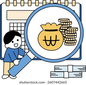 A magnifying glass shows coins and a coin pouch.
A male character holding a large magnifying glass.