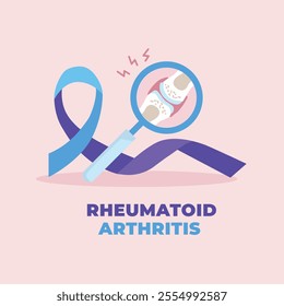 Magnifying glass shows an inflamed joint in pain. Blued and purple ribbon. World Rheumatoid Arthritis day poster. Vector illustration in cartoon style.