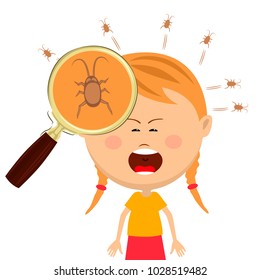 Magnifying glass shows lice in the head of cryng little girl
