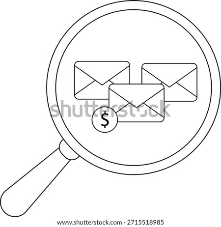 A magnifying glass shows three envelopes and a dollar sign within its circular frame