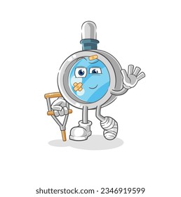 the magnifying glass sick with limping stick. cartoon mascot vector