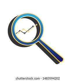 Magnifying glass sign. Blue icon with gold contour with dark gray shadow at white background. Illustration.
