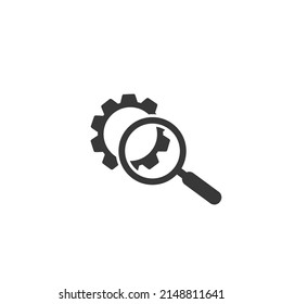 Magnifying glass sign icon or logo. Search Gear Tool concept. looking over the gear to see the detail, vector illustration