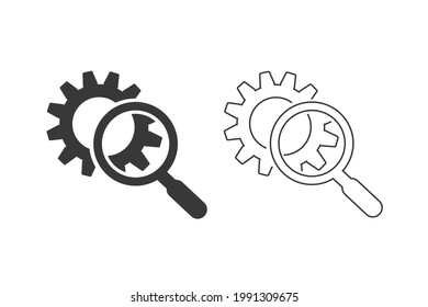 Magnifying glass sign icon set or logo. Search Gear Tool concept. looking over the gear to see the detail, vector illustration