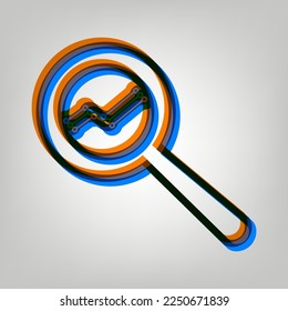 Magnifying glass sign. Stroked Icon in orange, azure and old lavender Colors at gray Background. Illustration.