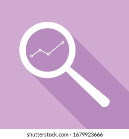 Magnifying glass sign. White Icon with long shadow at purple background. Illustration.