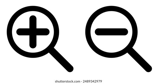 forma de la silueta de la lupa con más y menos, símbolo de acercar y alejar, conjunto de iconos de Ilustración vectorial en blanco y negro, aislado sobre fondo blanco