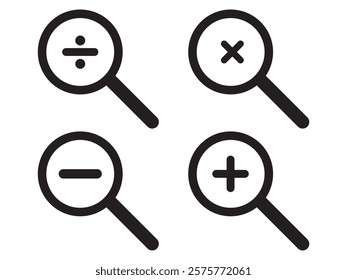 Magnifying glass simple icon collection. Search icon set, zoom in and zoom out icons. Magnifier or loupe with check mark sign. Vector illustration.