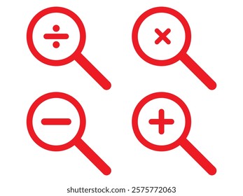 Magnifying glass simple icon collection. Search icon set, zoom in and zoom out icons. Magnifier or loupe with check mark sign. Vector illustration.