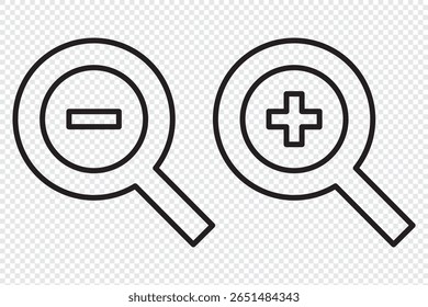 Coleção de ícones simples de lupa. Conjunto de lupas. Símbolo de zoom. Ilustração de vetor.  Conjunto de ícones de pesquisa. ícones de ampliação e redução.