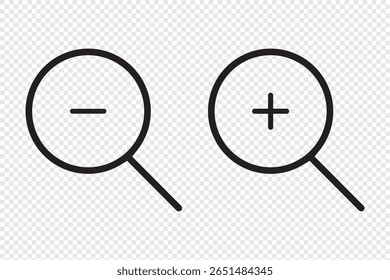 Coleção de ícones simples de lupa. Conjunto de lupas. Símbolo de zoom. Ilustração de vetor.  Conjunto de ícones de pesquisa. ícones de ampliação e redução.