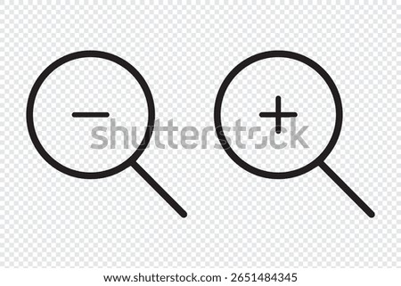 Magnifying glass simple icon collection. Magnifying glass set. Zoom symbol. Vector Illustration.  Search icon set. zoom in and zoom out icons.