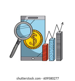 magnifying glass and smartphone and graphic chart icon over white background. colorful design. vector illustration
