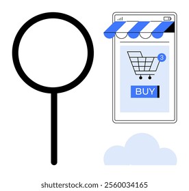 A magnifying glass, a smartphone with an online shopping cart, a buy button, and a cloud icon. Ideal for e-commerce, online shopping, mobile applications, digital marketing, and technology