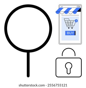 Magnifying glass, smartphone with a shopping cart and buy button, and a padlock symbol. Ideal for online shopping, secure payments, e-commerce, digital marketing, web navigation. Clean vector style