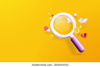 A Magnifying Glass With Social Media Element Icons On Yellow Background. Data Analysis Concept. Vector Illustration