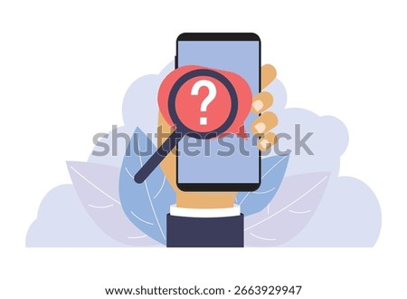 magnifying glass and speech bubble with question mark on smartphone. Problem analysis. Find solution or answer on forum. FAQ frequently