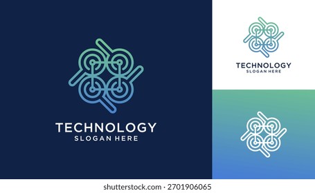Magnifying glass with square circuit dot connection vector design inspiration. Research technology logo template,	
