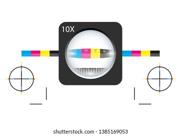 The magnifying glass standing on a leaf of the test print. Print loupe on offset printed sheet with basic colors control bars. Calibration printing marks. Vector illustration on a white background. 