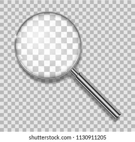 Magnifying glass with steel frame isolated. Realistic Magnifying glass lens for zoom on transparent background. 3d magnifier loupe vector illustration