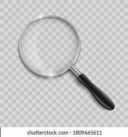 Magnifying glass with steel frame. Realistic Magnifying glass lens on transparent background. 3d magnifier loupe vector illustration
