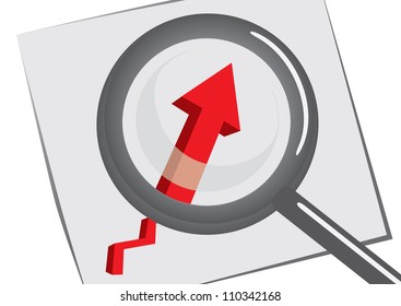 Magnifying glass with a stock chart isolated on white paper