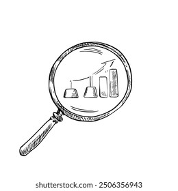 Magnifying Glass with Success, Hand-Drawn Vector, Graphic Style, Cartoon Illustration, Black and White, Sketch Style, Isolated on White Background