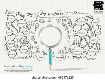 Magnifying glass  for success  - Icon plan Text various  -  modern Idea and Concept Vector illustration Business Infographic template with Pencil.