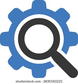 A magnifying glass superimposed on a blue gear icon, representing search and optimization