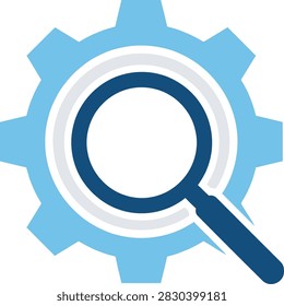 A magnifying glass superimposed on a gear icon representing search and optimization technology