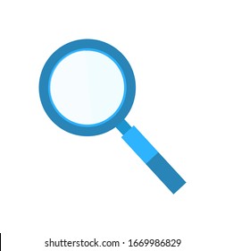 Magnifying glass symbol, researching optical element. Discovery instrument in blue color, lens enlarging objects, flat handle loupe of exploration vector