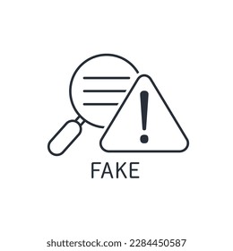 Magnifying glass with texiom and warning sign. Fraud, false, fake. Vector linear icon isolated on white background.