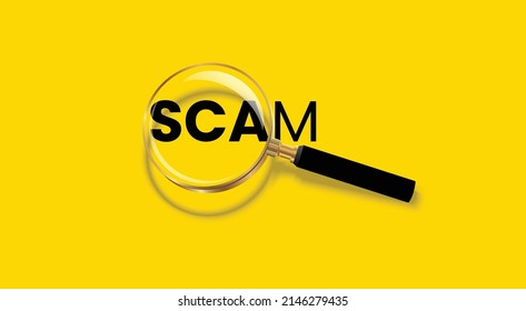 Magnifying glass and text of Scam on isolated yellow background with copy space. vector illustration can used for banner, background, blog titles, web template, print, poster.