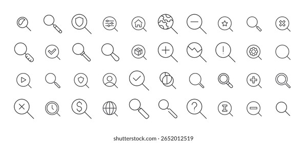 Conjunto De Ícones De Linha Fina De Lupa. Outline Signs para Gráficos e Web Design, Apps, Anúncios, Vários Cartões 