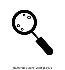 A magnifying glass with three circular spots inside, black and white illustration, symbolizing investigation or search, isolated on white background.