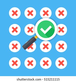 Magnifying glass with tick checkmark icon and lot of red crosses icons. Creative flat design vector illustration