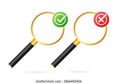 Magnifying glass and a tick and cross icons. Test concept. Search for an answer. Yes and No sign. Dos and Donts. Vector illustration.