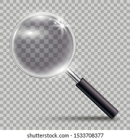 Magnifying glass tool 3D realistic vector illustration. Optical equipment on transparent background. Search, find, zoom symbol, internet icon. Scientific scrutiny and research design element